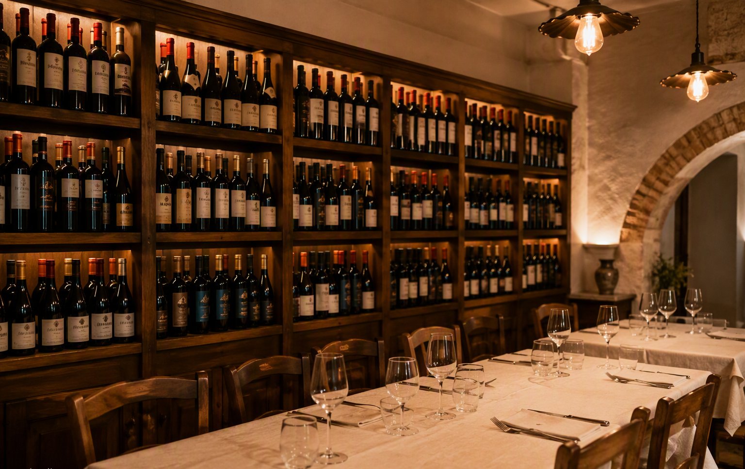 La parete dei vini nella sala