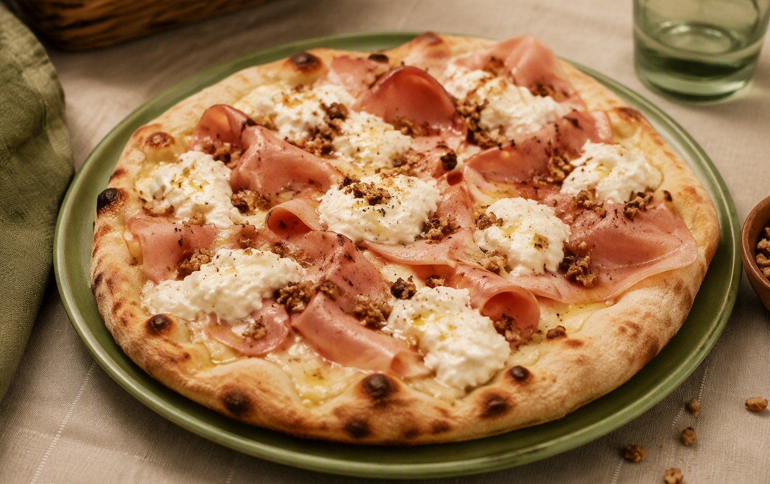 Pizza con prosciutto e stracciatella
